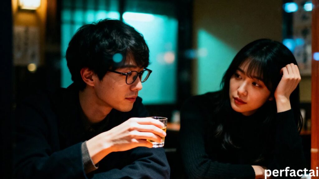 Late-Night Scenes: A Drunk Couple Sharing a Moment Through the Bar Window