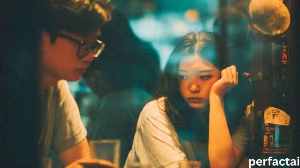 Late-Night Scenes: A Drunk Couple Sharing a Moment Through the Bar Window