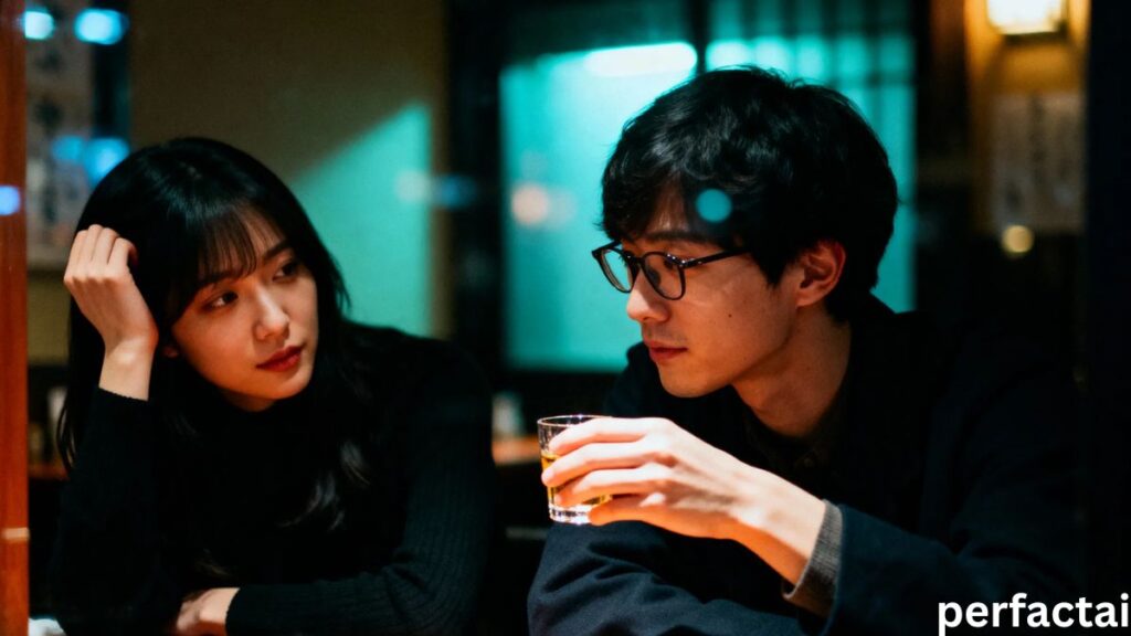 Late-Night Scenes: A Drunk Couple Sharing a Moment Through the Bar Window