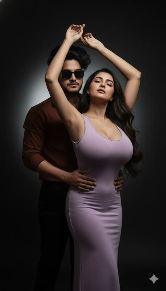 Woman in Lavender Dress Posed in Dramatic Studio Lighting