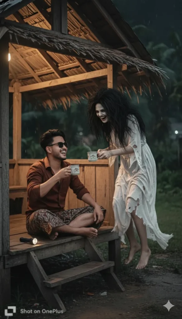 Man and Kuntilanak Sharing Coffee at a Night Patrol Post