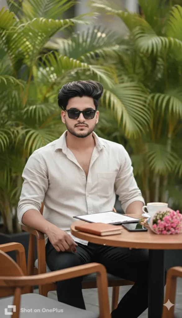 Young Man at a Sunny Outdoor CafΓ© with Flowers and Laptop