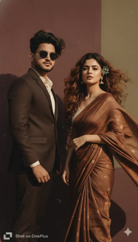 Couple in Retro Attire Against a Dramatic Wall