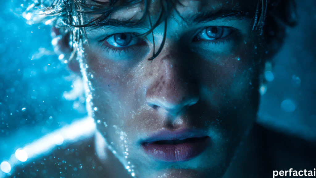 Soaked face in cold fizzy pool water—intense stare hits hard