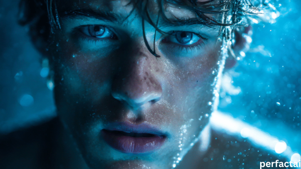 Soaked face in cold fizzy pool water—intense stare hits hard