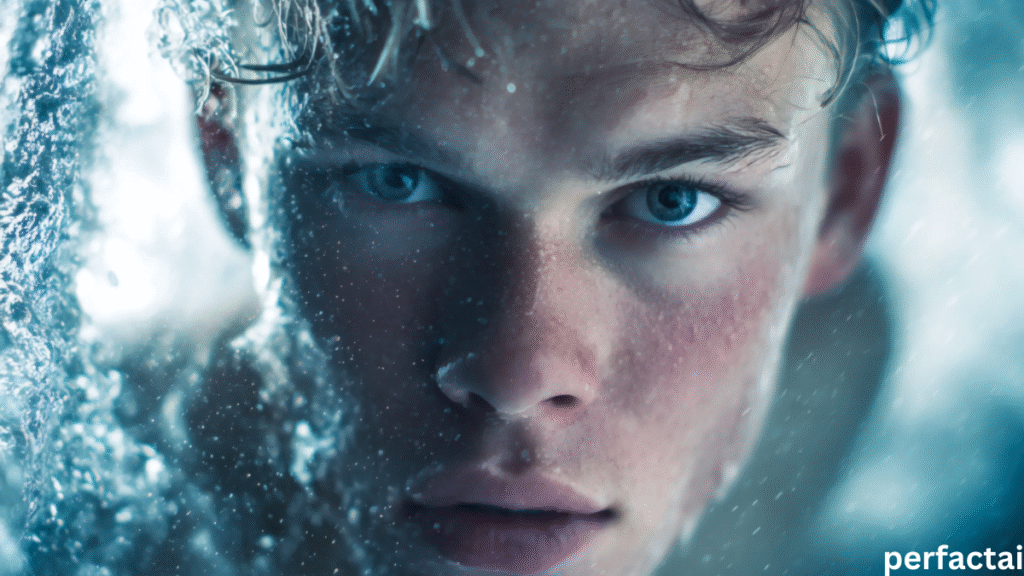 Soaked face in cold fizzy pool water—intense stare hits hard