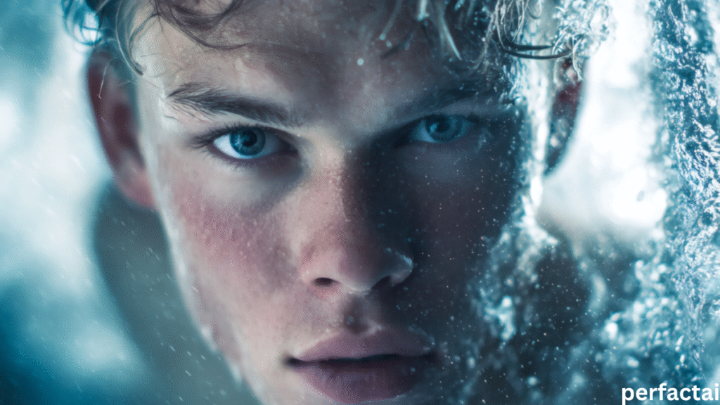 Soaked face in cold fizzy pool water—intense stare hits hard