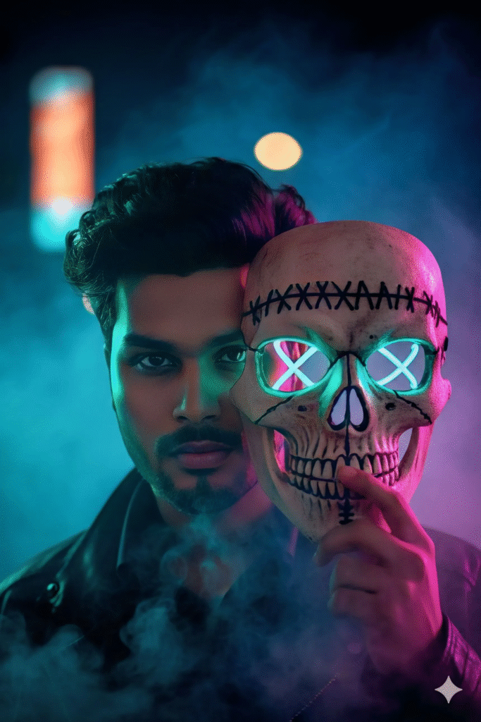 Neon Masked Portrait: Stitched Skull, Teal-Magenta Lights in Smoke