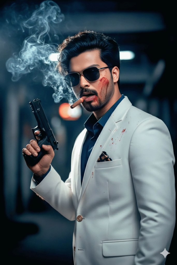 Gucci Suit & Smoke: Styled Gangster with Pistol and Blood Spatter