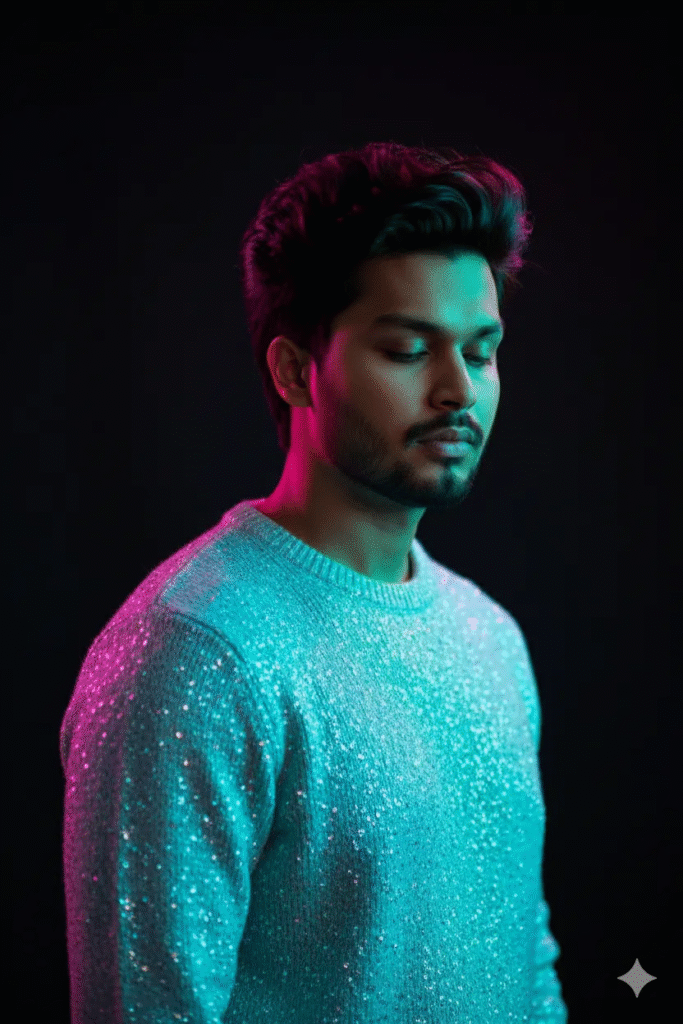 Neon-Drenched Portrait: Sparkling Blue Sweater, Cyan and Magenta Light