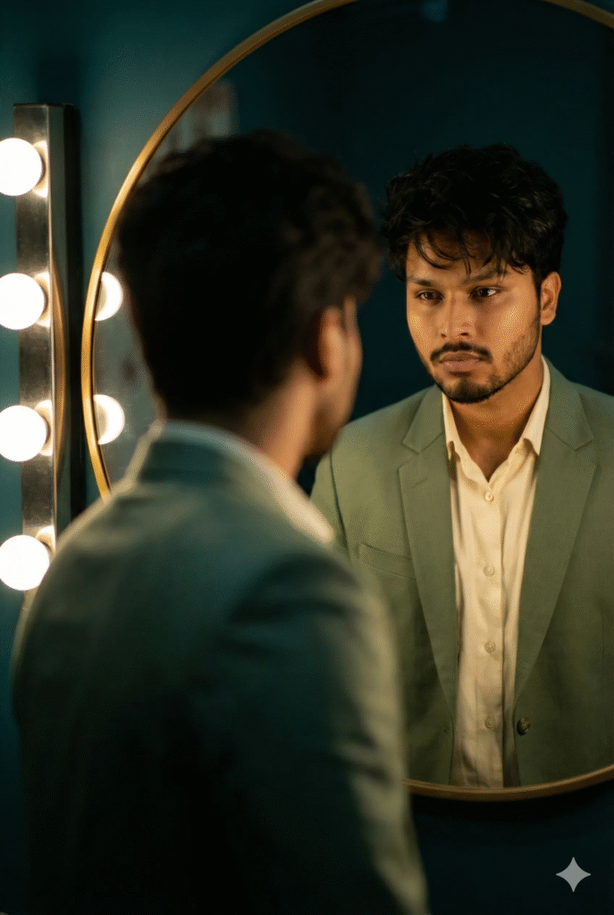 Mirror Reflection in Sage Suit Lit by Vanity Bulbs, Moody