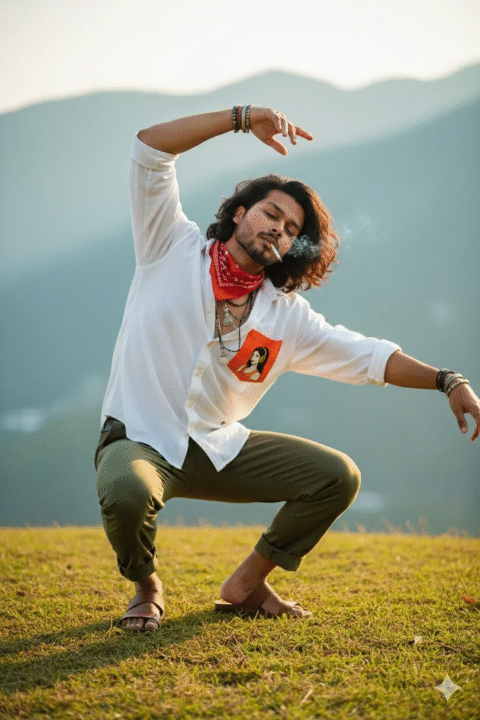 Dancer on the Hill: Cigarette, White Shirt, Sunlit Wavy Hair & Teal Mountains