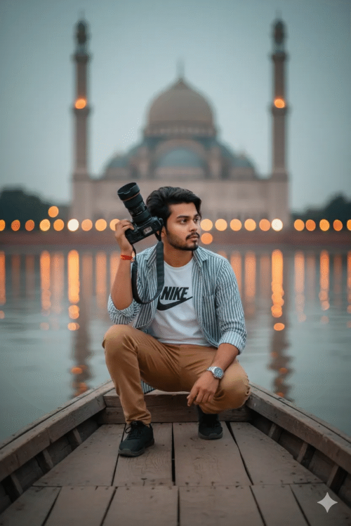 Boating Photographer at Dusk with Mosque and Bokeh Lights