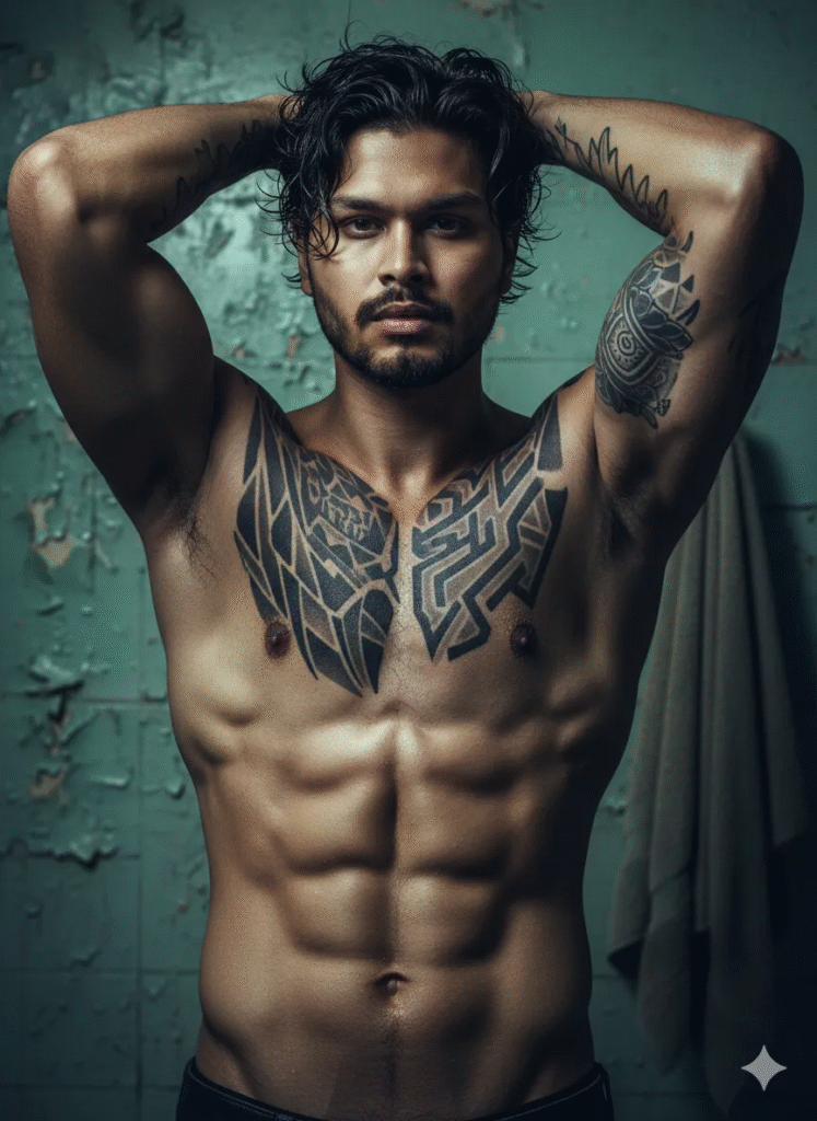 Defined Athlete in Worn Bathroom: Wet Hair, Tattoos, Peeling Walls